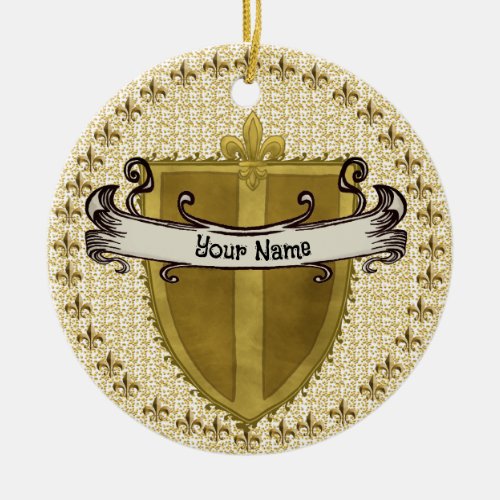 Cross Fleur Shield Surname Family Crest   Ceramic Ornament