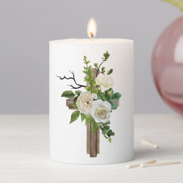 Cross Floral Pillar Candle  (In Situ)