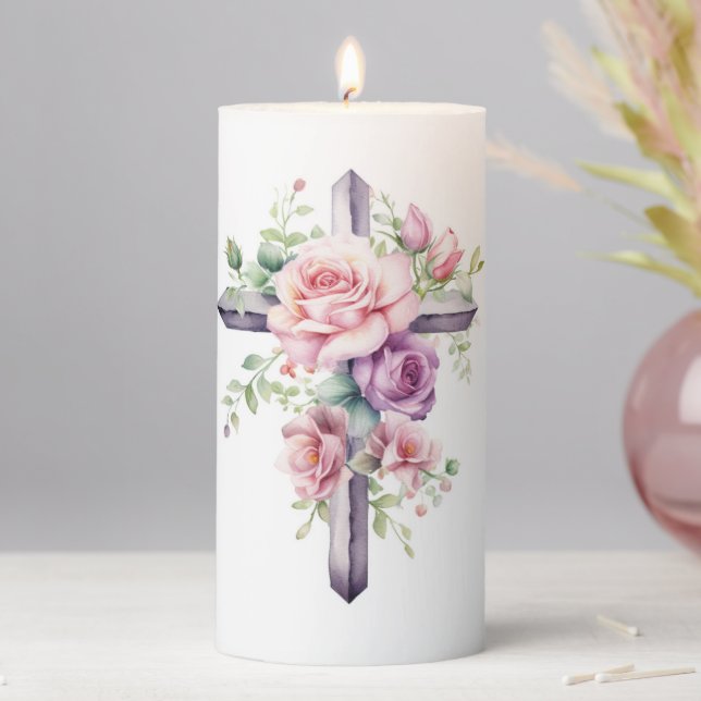 Cross Floral Pillar Candle  (In Situ)