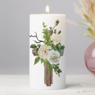 Cross Floral Pillar Candle