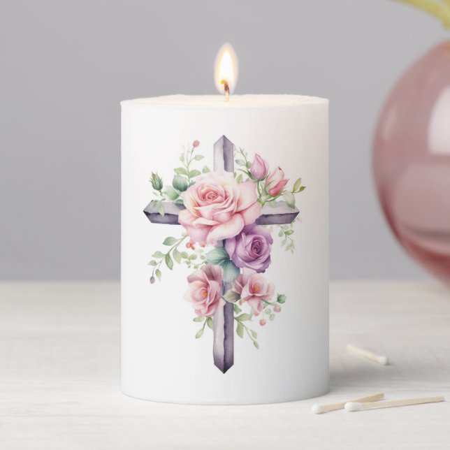 Cross Floral Pillar Candle  (In Situ)