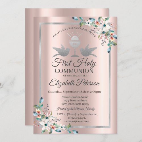 Cross Floral Rose Gold First Holy Communion   Invitation