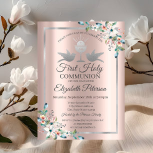 Cross Floral Rose Gold First Holy Communion Invitation