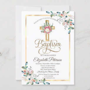 Cross Floral Roses Frame Baptism Invitation