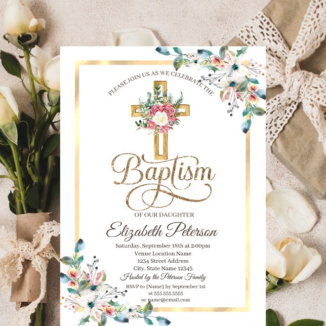 Cross Floral Roses Frame Baptism Invitation (Creator Uploaded)