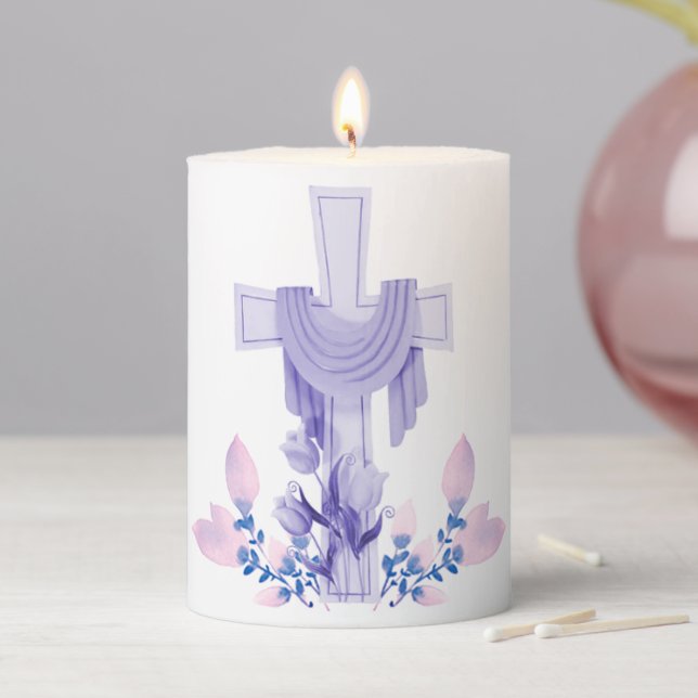 Cross & Flowers Easter Pillar Candle (In Situ)