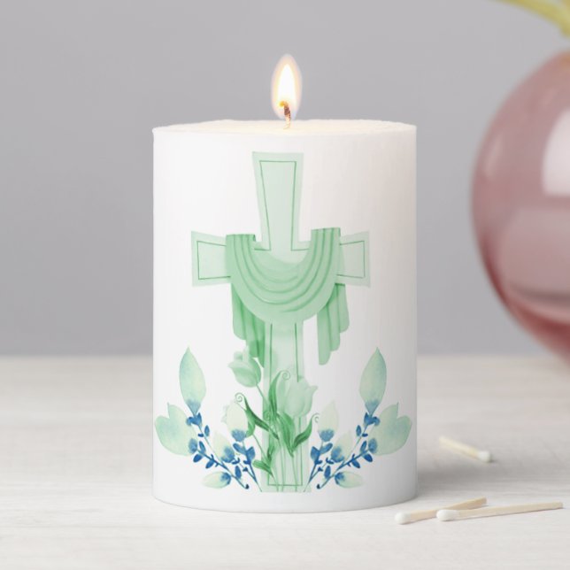 Cross & Flowers Easter Pillar Candle (In Situ)