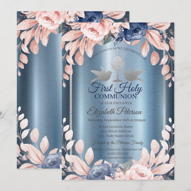 Cross Flowers First Blue Metallic Holy Communion   Invitation (Front/Back)