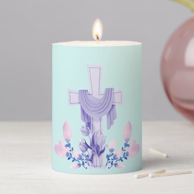 Cross & Flowers Pastel Aqua Easter Pillar Candle (In Situ)