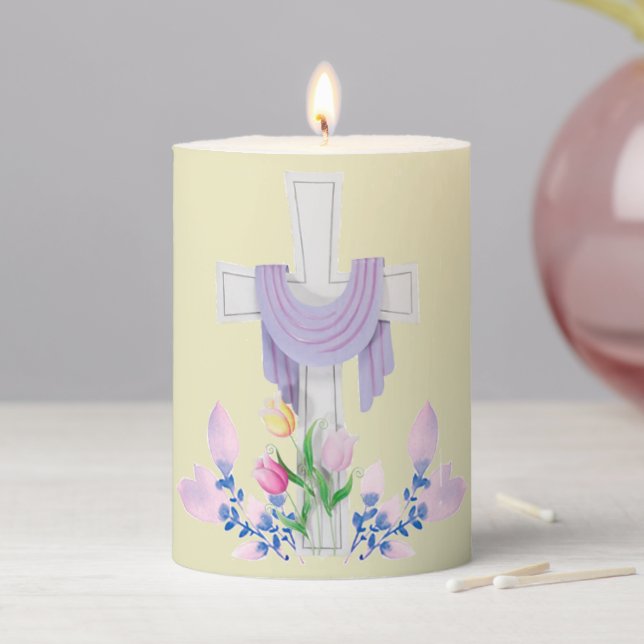 Cross & Flowers Pastel Yellow Easter Pillar Candle (In Situ)