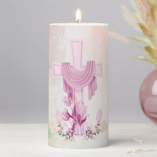 Cross & Flowers Pink Pastel Marble-Look Easter 6" Pillar Candle