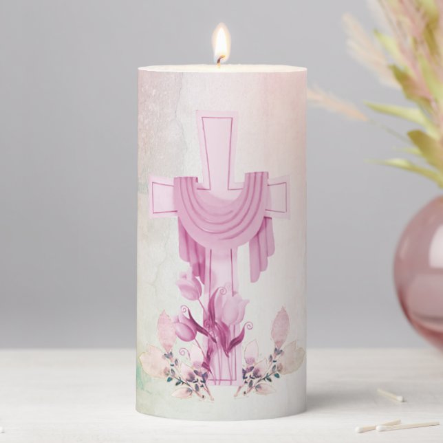 Cross & Flowers Pink Pastel Marble-Look Easter 6" Pillar Candle (In Situ)