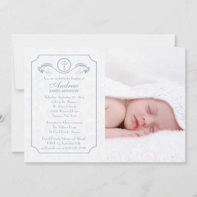 Cross Focus Blue Photo Religious Invitation (Front)