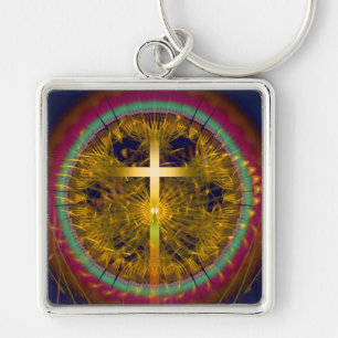 Cross fractal art round composition keychain
