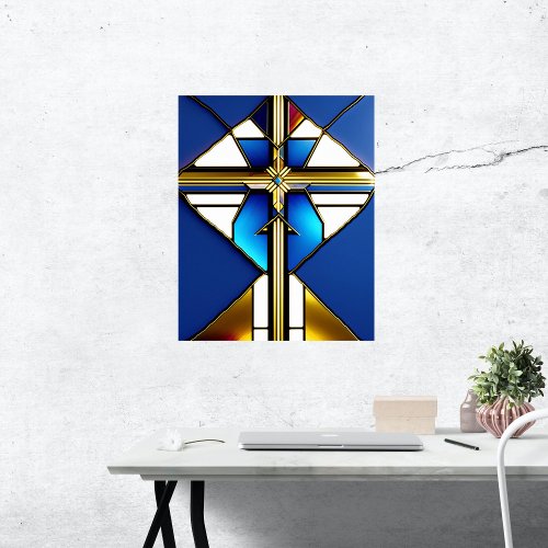 Cross Gold Blue Stained Glass Illustration Poster