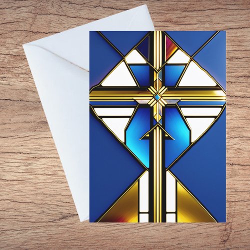 Cross Gold Blue Stained Glass Illustration Thank You Card