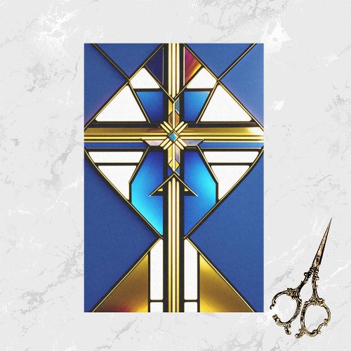 Cross Gold Blue Stained Glass Illustration Tissue Paper