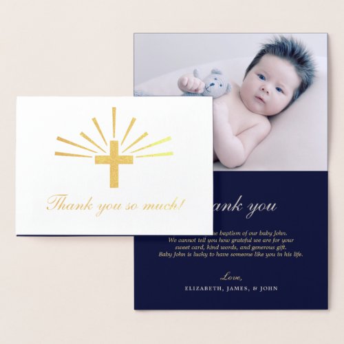 Cross  Golden Rays Baptism Thank You Foil Card