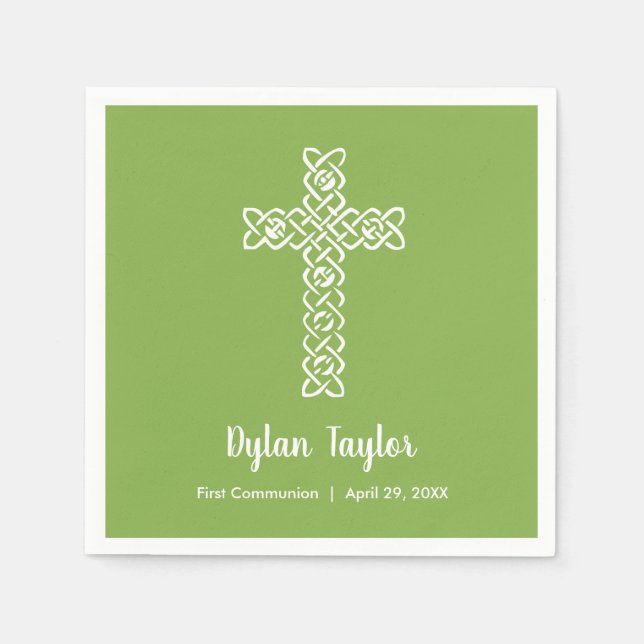 Cross | Green Communion Baptism Christening Napkins (Front)