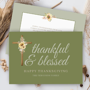 Cross Green Thankful and Blessed Thanksgiving Holiday Card