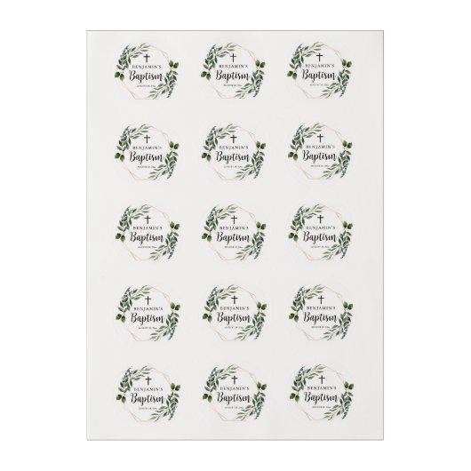 Cross Greenery Gold Baptism Edible Frosting Rounds (Sheet)