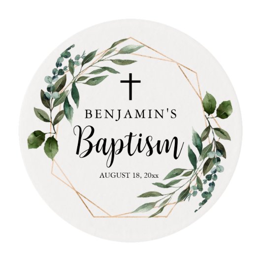 Cross Greenery Gold Baptism Edible Frosting Rounds (Front)