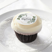 Cross Greenery Gold Baptism Edible Frosting Rounds (Cupcake)