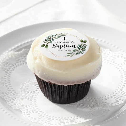 Cross Greenery Gold Baptism Edible Frosting Rounds (Cupcake)
