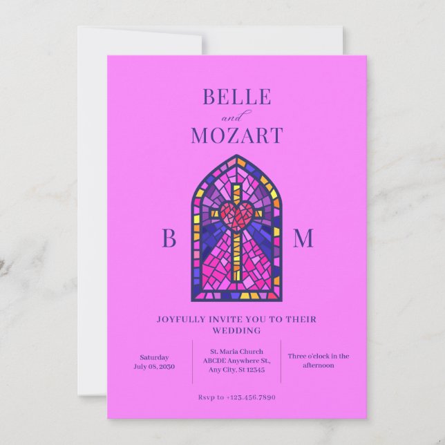 Cross heart stained glass art wedding  invitation (Front)