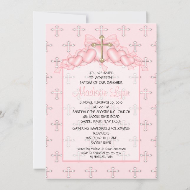 Cross & Hearts Baby Girl Baptism Inviation Invitation (Front)
