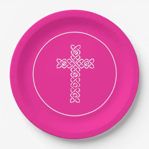 Cross Hot Pink Communion Baptism Christening Paper Plates