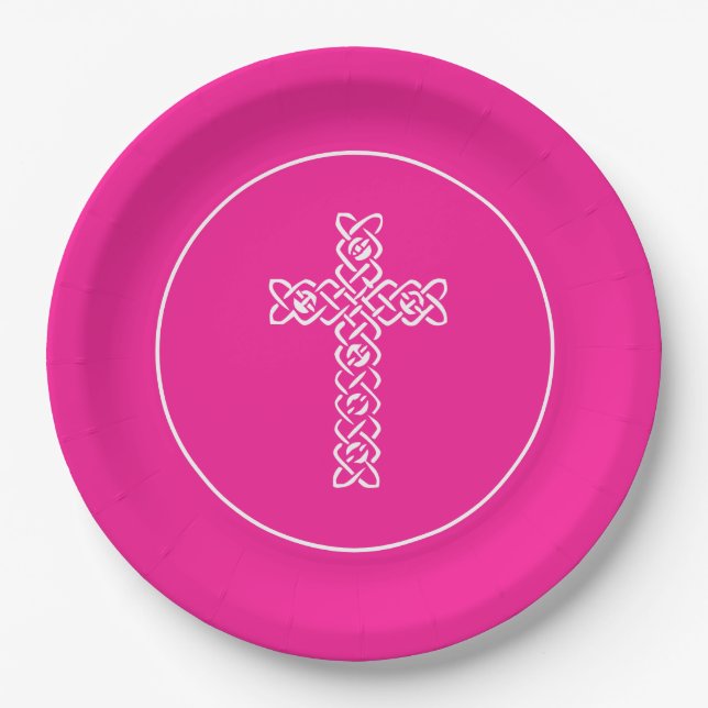 Cross Hot Pink Communion Baptism Christening Paper Plates (Front)
