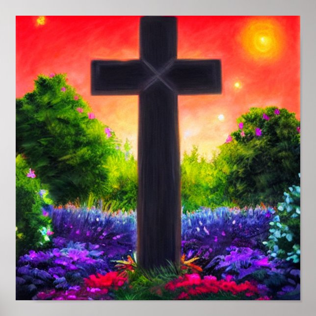 Cross in a Flower Garden at Sunset Poster (Front)