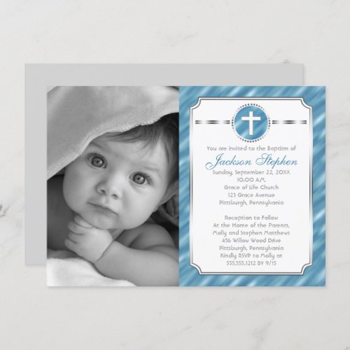 Cross in Circle Blue Boy Photo Baptism Invitation