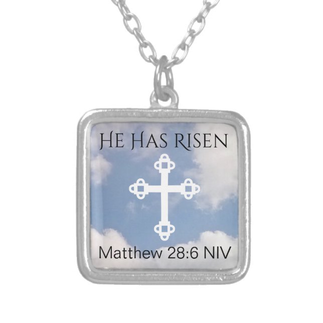 Cross in Cloudy Sky Resurrection Blue Easter Gift Silver Plated Necklace (Front)
