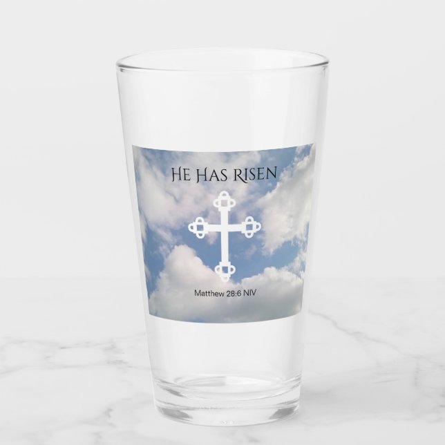 Cross in Cloudy Sky With Resurrection Bible Verse Glass (Front)