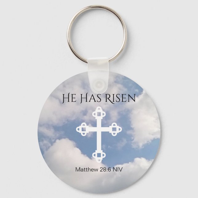 Cross in Cloudy Sky With Resurrection Bible Verse Keychain (Front)