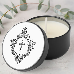 Cross in Crest Black and White Vintage Religious Mini Candle Favors