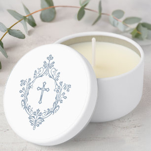 Cross in Crest Dusty Blue White Vintage Religious Mini Candle Favors