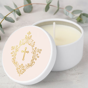 Cross in Crest Pink Faux Gold Elegant Religious  Mini Candle Favors