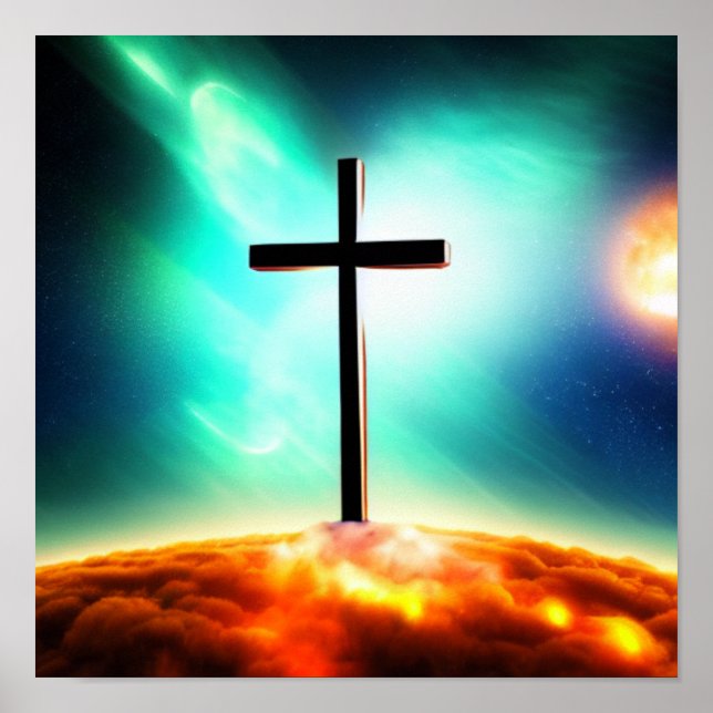 Cross in Fiery Clouds Spacescape Poster (Front)