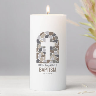 Cross in Stone Abstract Pattern Design Baptism  Pillar Candle