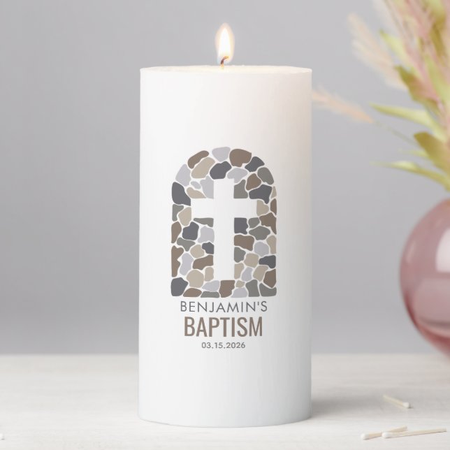 Cross in Stone Abstract Pattern Design Baptism  Pillar Candle (In Situ)