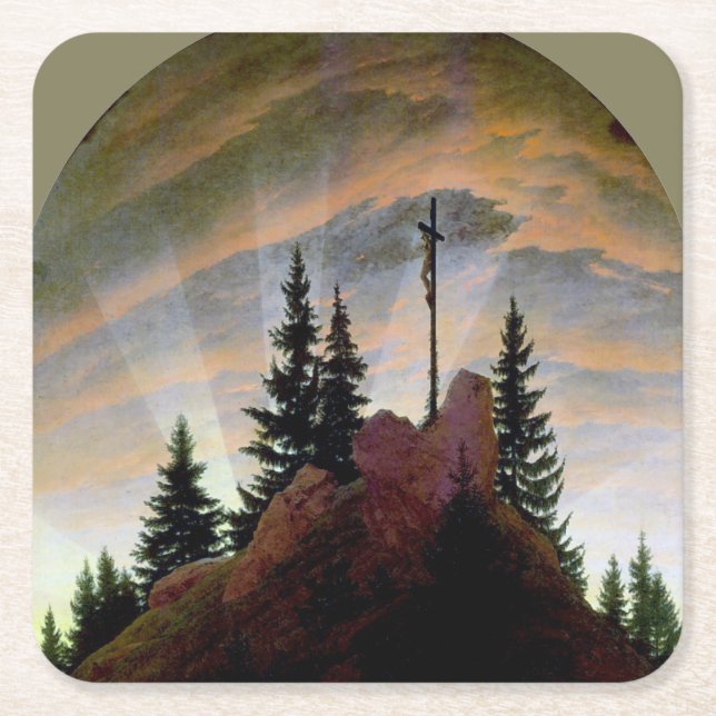 Cross in the Mountains, Friedrich Square Paper Coaster (Front)