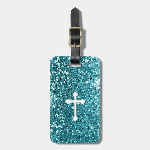 Cross in White on Aqua Glitter look Luggage Tag