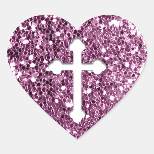 Cross in White on Pink Glitter look Heart Sticker (Front)