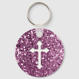 Cross in White on Pink Glitter look Keychain