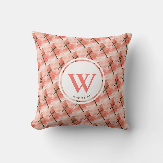 CROSS Jesus is Lord Monogram Custom EASTER Coral Throw Pillow (Front)