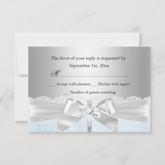 Cross Lace Bow Blue Baptism/Christening RSVP (Front)