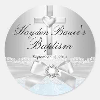 Cross & Lace Bow Blue Baptism Sticker